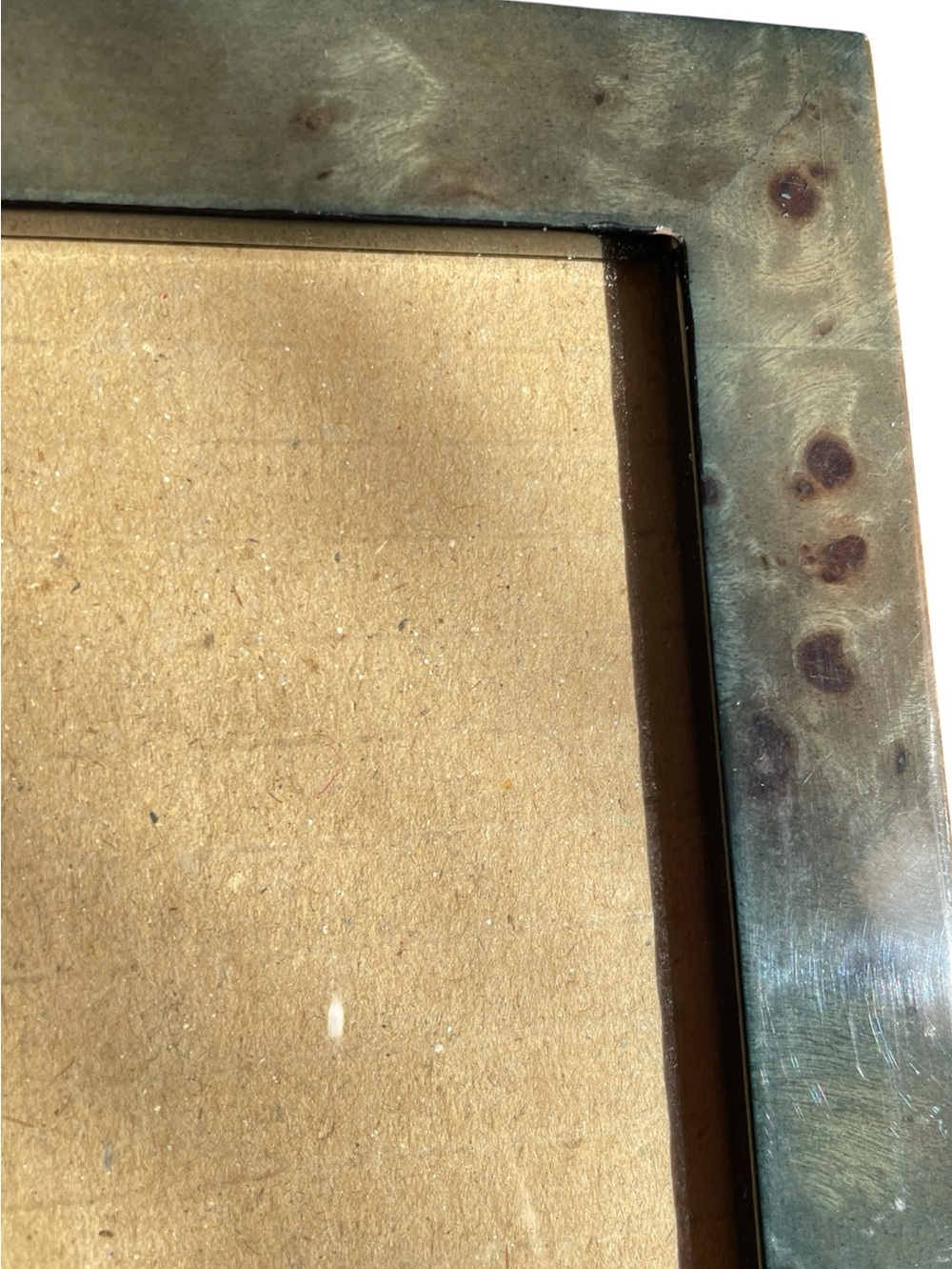 Siena burl-wood frame, SD12U80, handcrafted, lux brown suede, easel stand, 8x10”